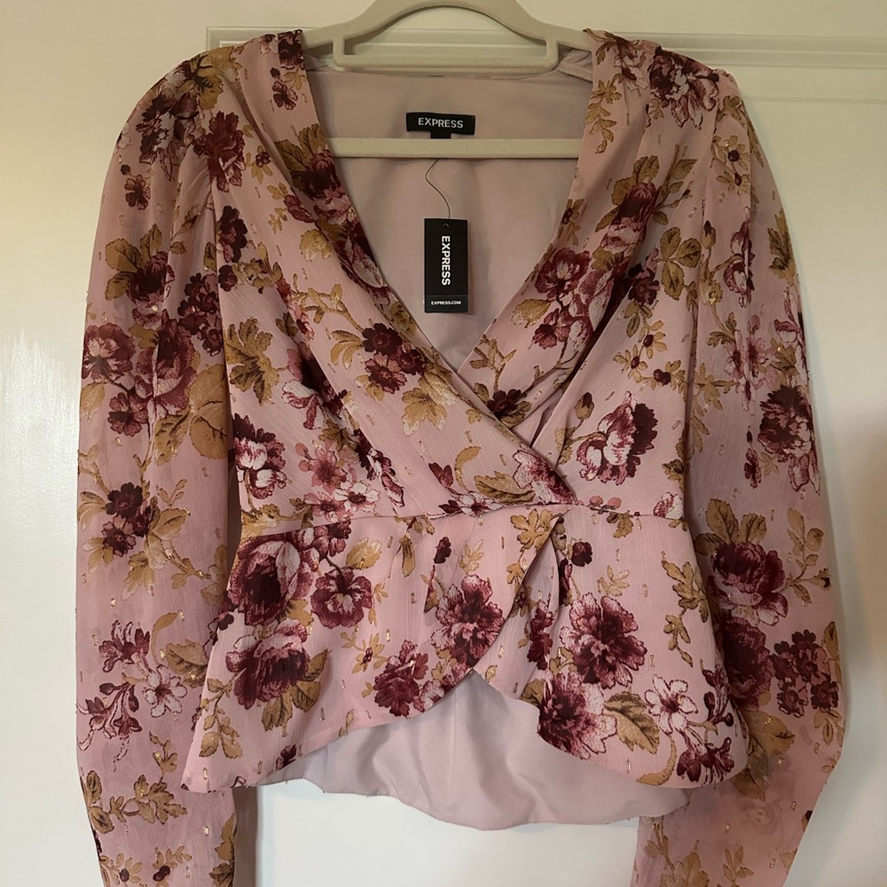 Express Pink Puff Sleeve Wrap Blouse